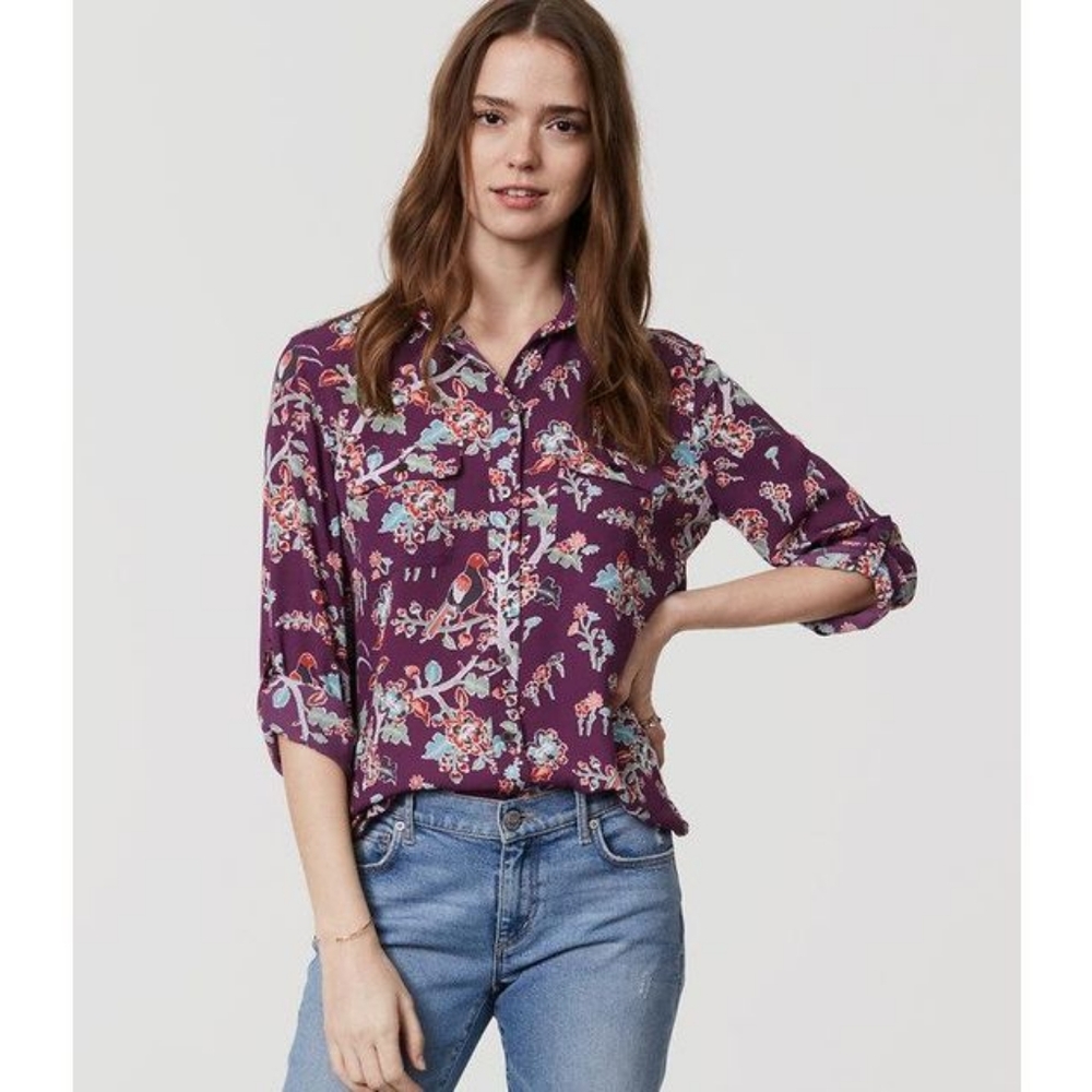 LOFT long sleeved bird garden utility blouse